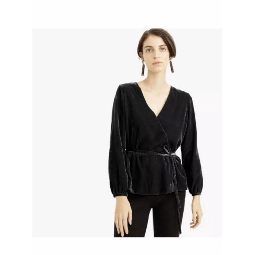 🆕 J. Crew Faux-Wrap Top in Drapey Velvet Petite, Black - Size OOP (J4963)